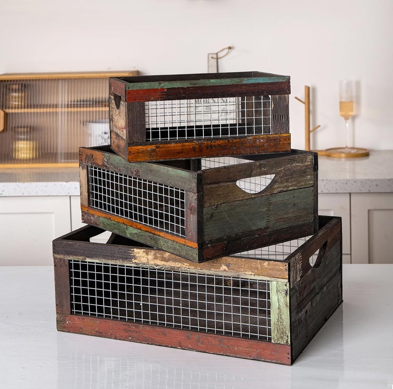 TIMRIS Set of 3 Rustic Wood Nesting Crates, Farmhouse Distressed Wooden Storage Boxes, Decorative Reclaimed Wood Organizer Baskets with Wire Mesh (Random) - Image 1